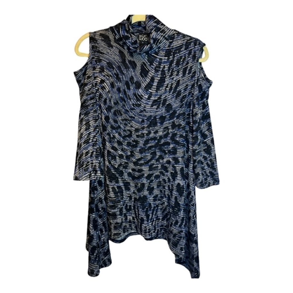 Clara Sun‎ Woo Blouse Tunic Women's Small Leopard Cold Shoulder Blue